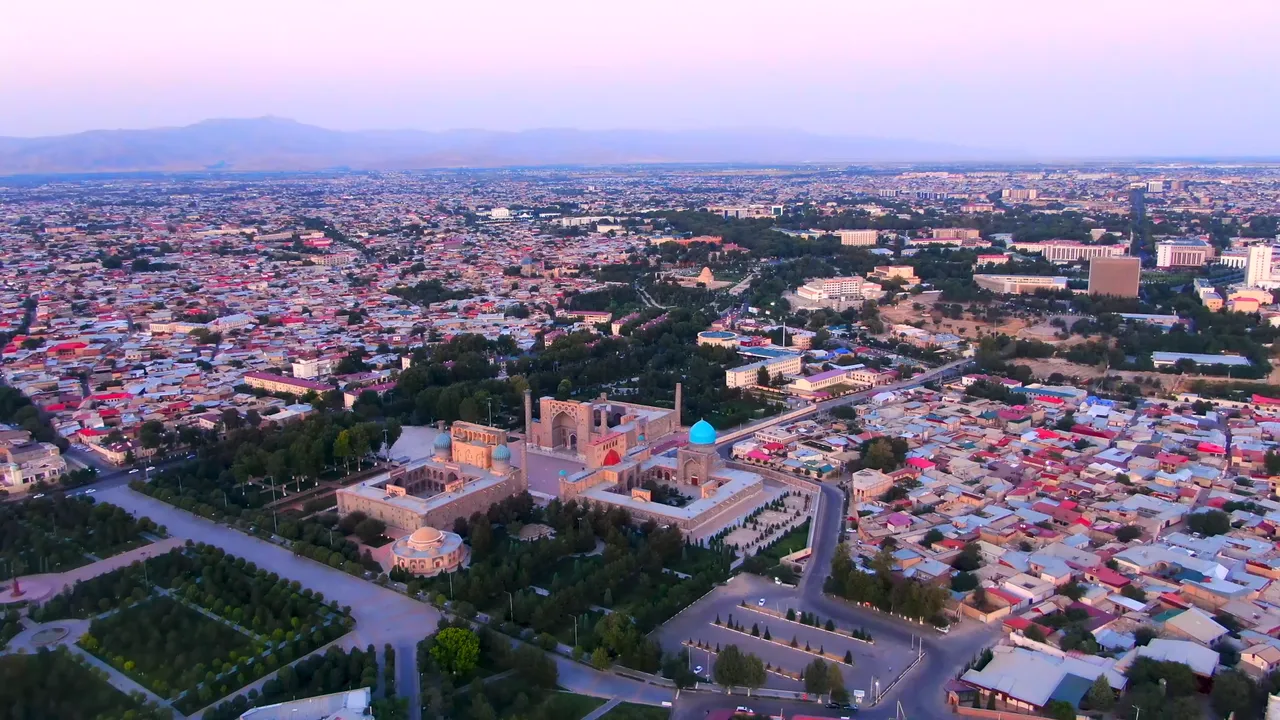 Tashkent's Hazrati Imam complex at dusk. Its library keeps the Uthman Quran, one of the oldest surviving copies in the world.