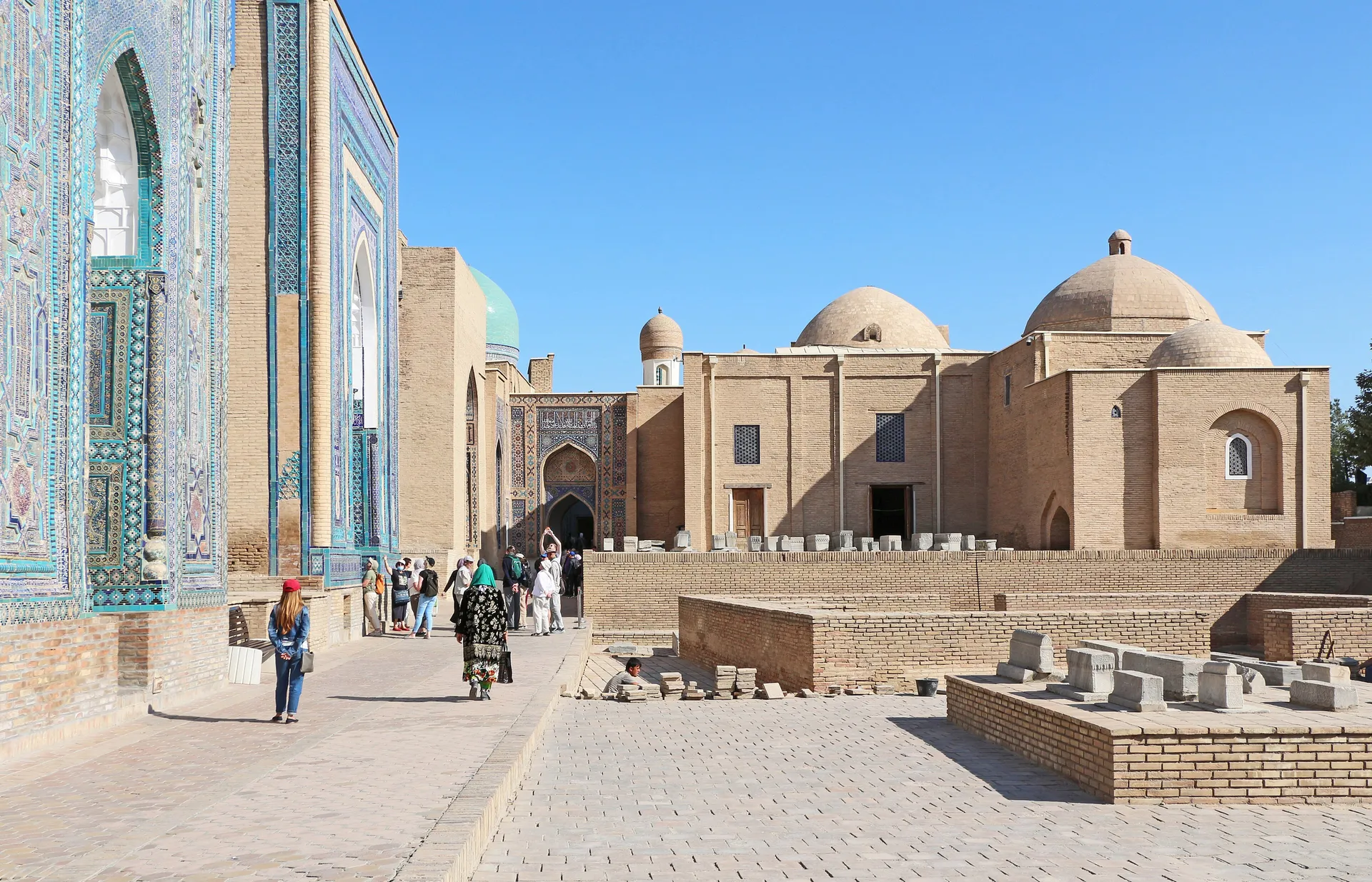 The avenue of tiled mausoleums at the Shah-i-Zinda necropolis in Samarkand, built from the 11th to the 19th century.