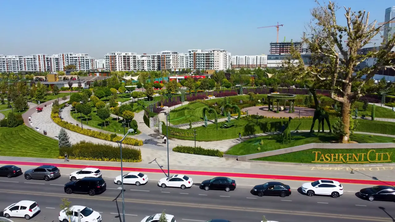 Gardens and new apartment towers in Tashkent City, the capital's new business district.