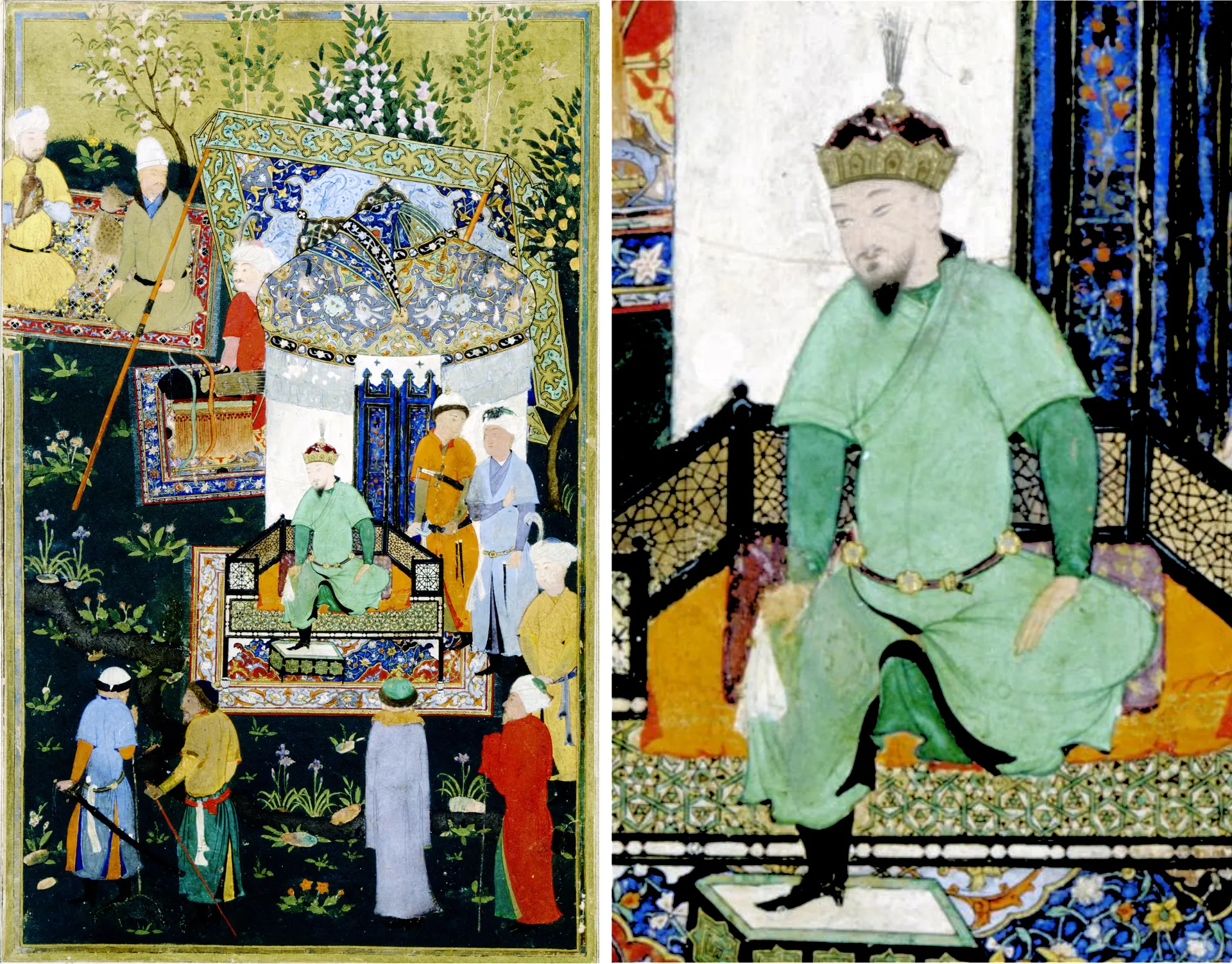 Timur granting audience on his accession, a painting for the Zafarnama, the history of his reign written in the 1420s — the Timurid court made miniature painting one of its great arts.